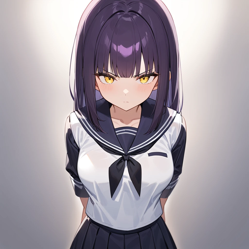 1girl,Solo,dark purple hair,yellow eyes,medium breasts,sailor,straight hair,pov,straight on,best quality, very aesthetic, absurdres,cowboy shot,eyewear,serious,serious,(Tsutomu Gari),(Embarrassing)
