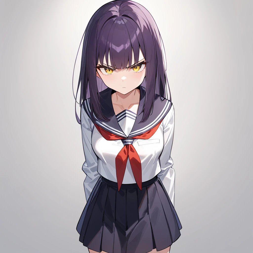 1girl,Solo,dark purple hair,yellow eyes,medium breasts,sailor,straight hair,pov,straight on,best quality, very aesthetic, absurdres,cowboy shot,eyewear,serious,serious,(Tsutomu Gari),(Embarrassing)