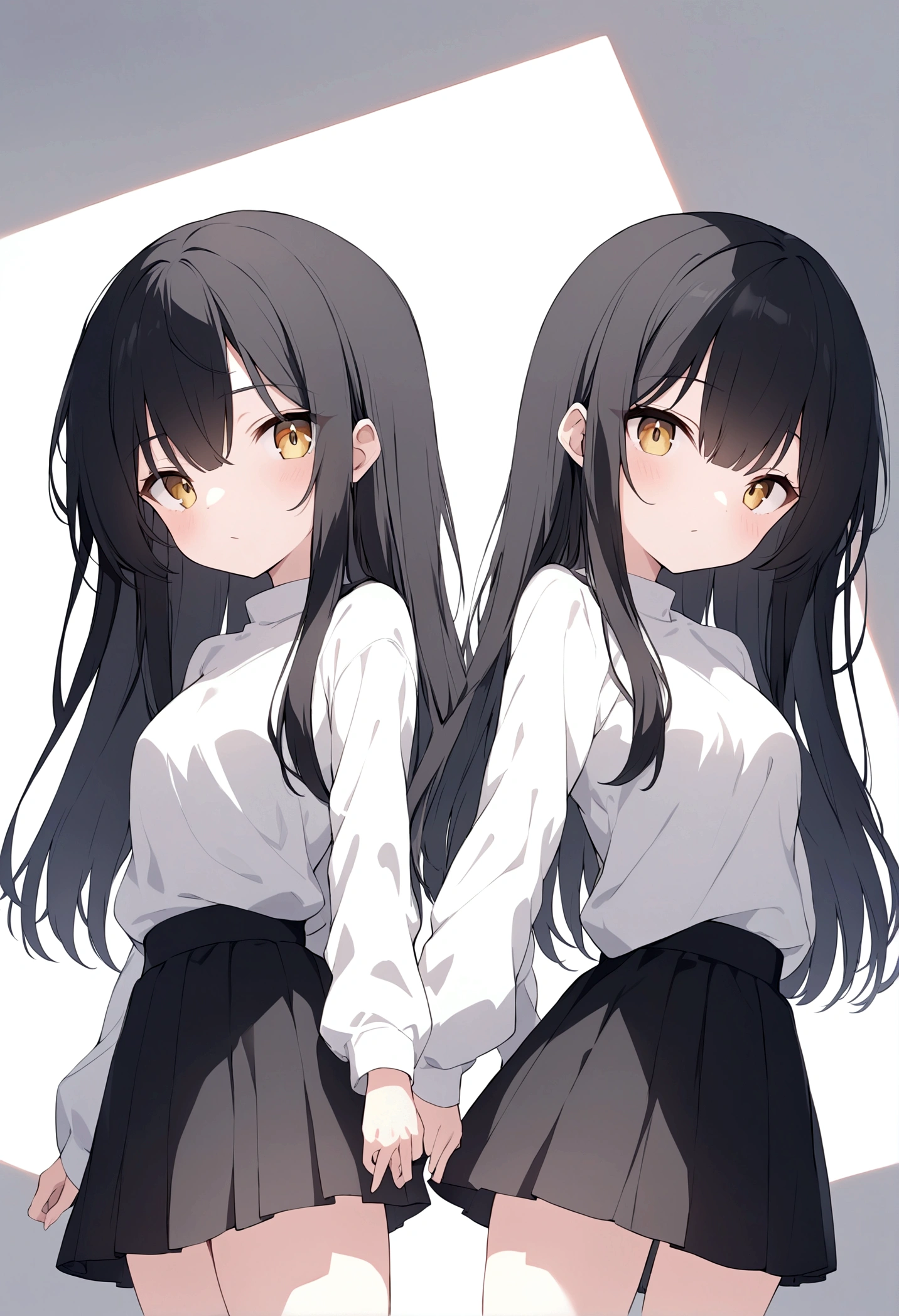 girl with long straight black hair, long bangs, golden eyes, slim and , short, wearing a white long-sleeved shirt, long black skirt