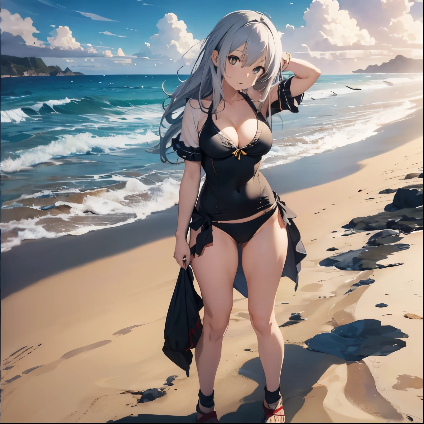 Silver-haired girl drawn in high resolution Japanese anime style、whole body、Women in yellow bikinis taking photos on a deserted beach, model bikini, , Young and cute gravure idol, Posing together in a bra, Russian and Japanese mix, sakimichan, Asian woman, Wear a swimsuit, that'that'that'that'that'that'that'that'that'that'that'that'that'that'that'that'that'that'It's hot with the shining sun, Japanese Model, Cute Core, sakimichan HDRI, Young Gravure Idol, Chubby