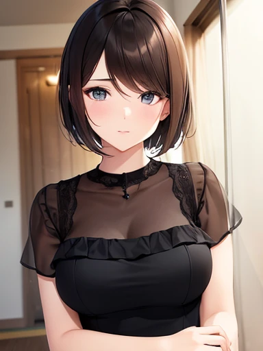 high quality,masterpiece。Cute short hair woman,her hair color is brown,Hairstyle: Short hair。She turns her face and body towards the viewer,upright。Her hands are empty,Don't move your hands。She seems tall。Her breasts are very large,Good style。She is smiling with a cute face that suits her,Eye color is blue,Both eyes are the same color。The costume is a maid outfit decorated with ribbons and frills.,The skirt of the maid outfit is a mini skirt.,Long white gloves on both hands。Black garter socks on both legs。She is standing,You are standing indoors。