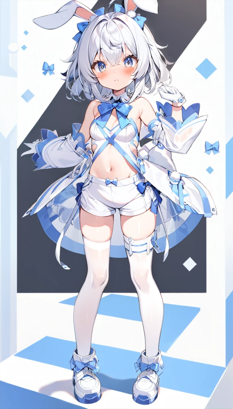 1girl, animal ears, bare shoulders, blue bow, blue eyes, blush,long white hair, two blue bows on the head, rabbit ears, open belly, top, white shorts, blue and white clothes, white stockings, white shoes with bows, separate transparent sleeves, white bracelet with spikes,open clothes, medium breasts, solo, standing, white gloves, no fingers