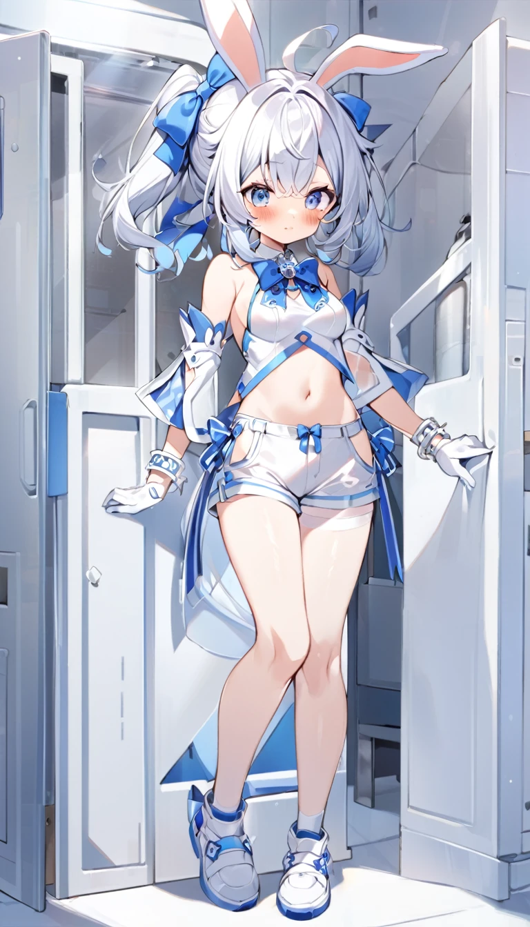 1girl, animal ears, bare shoulders, blue bow, blue eyes, blush,long white hair, two blue bows on the head, rabbit ears, open belly, top, white shorts, blue and white clothes, white stockings, white shoes with bows, separate transparent sleeves, white bracelet with spikes,open clothes, medium breasts, solo, standing, white gloves, no fingers