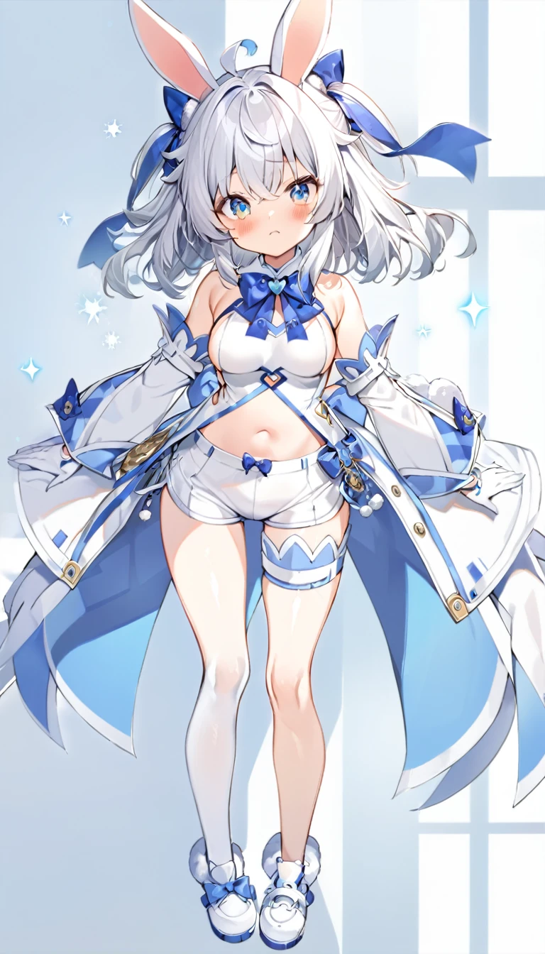 1girl, animal ears, bare shoulders, blue bow, blue eyes, blush,long white hair, two blue bows on the head, rabbit ears, open belly, top, white shorts, blue and white clothes, white stockings, white shoes with bows, separate transparent sleeves, white bracelet with spikes,open clothes, medium breasts, solo, standing, white gloves, no fingers