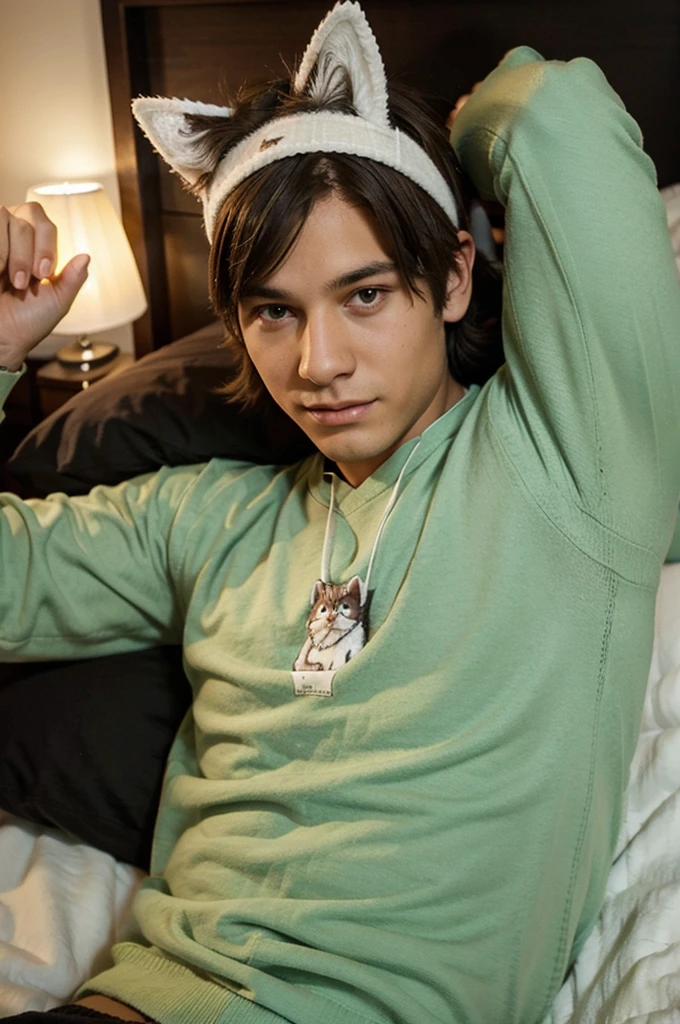 a young man, wearing sage sweater, wearing a cat headband, in bed, at night, selfie role 
