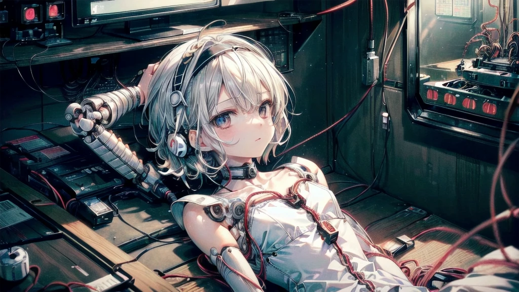 (((masterpiece))), (((Highest quality))), ((Very detailed)), (Highly detailed CG illustrations), ((Very delicate and beautiful)),(Cute and delicate face),Light,((1. Machine Girl)),alone,whole body,(Machine made joints:1.4),((Mechanical Limbs)),(Muscles swell),(The vessel is connected to the tube),(Brain in a container:1.3),((Mechanical vertebrae attached to the back)),((Mechanical cervical spine attached to the neck)),((Sitting)),poker face,(Wires and cables attached to head and body:1.5),Small breasts,short hair,(Character Focus),SF,Lying down,Shortcuts,センター分けのShortcuts,A devastated society,alone,Wearing a headband,Odd Eye