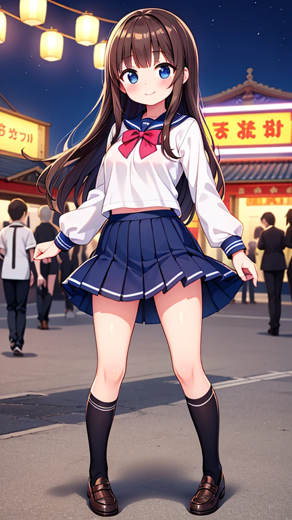 {Highest quality], [Super beautiful], [Ultra fine], [Best illustration], NSFW,Brown Hair, Hime cut, Long Hair, With bangs, girl,high school student,uniform,knit,skirt,smile, blush, Slender women, Adult women,Standing posture,(Public),Night Park,Summer festival,diagonal, Navy blue knee socks,Black Loafers