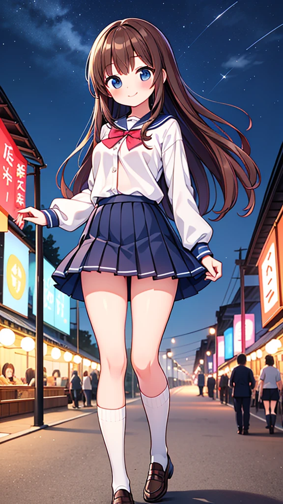 {Highest quality], [Super beautiful], [Ultra fine], [Best illustration], NSFW,Brown Hair, Hime cut, Long Hair, With bangs, girl,high school student,uniform,knit,skirt,smile, blush, Slender women, Adult women,Standing posture,(Public),Night Park,Summer festival,diagonal, Navy blue knee socks,Black Loafers