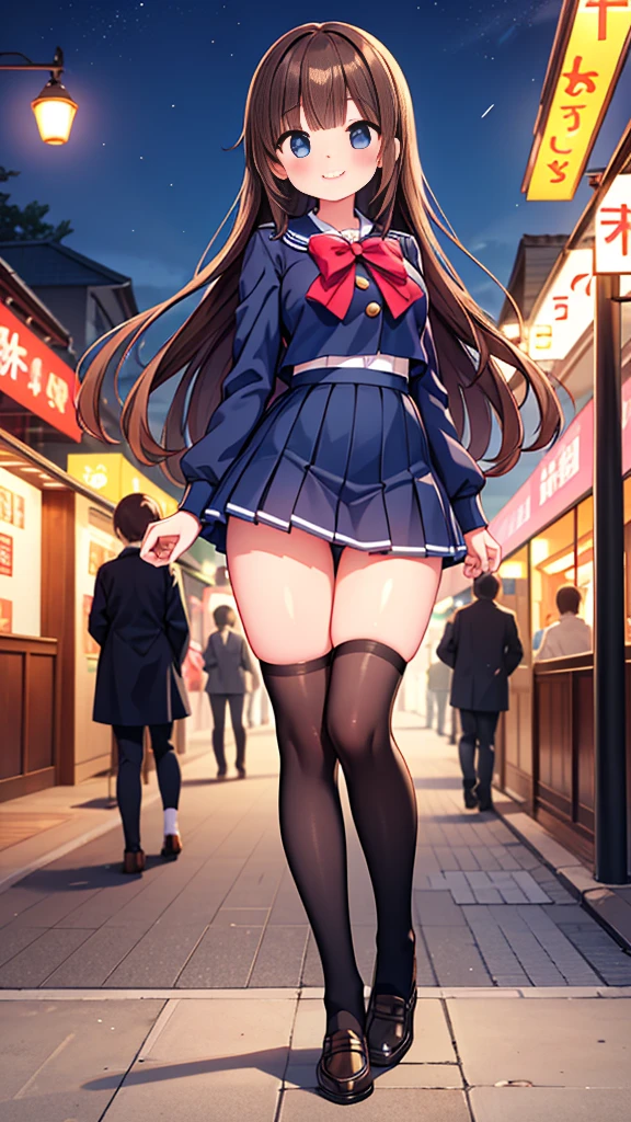 {Highest quality], [Super beautiful], [Ultra fine], [Best illustration], NSFW,Brown Hair, Hime cut, Long Hair, With bangs, girl,high school student,uniform,knit,skirt,smile, blush, Slender women, Adult women,Standing posture,(Public),Night Park,Summer festival,diagonal, Navy blue knee socks,Black Loafers