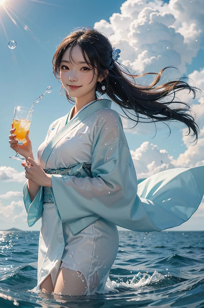 A beautiful woman in a kimono smiling while holding ice and clear, delicious-looking water in a transparent glass cup with water droplets under a sunny summer blue sky