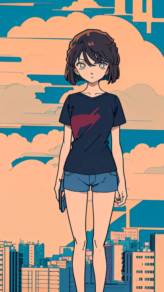 anime style, (1girl in, Solo:1.0), (Haibara Ai), ((Short pants)), (((Big eyes))), (Cute anime girl head), (flat chest),looking at viewer,With a height of 100cm, shoot from front, (head shot), Simple lineinimalism,Abstract Art,City background