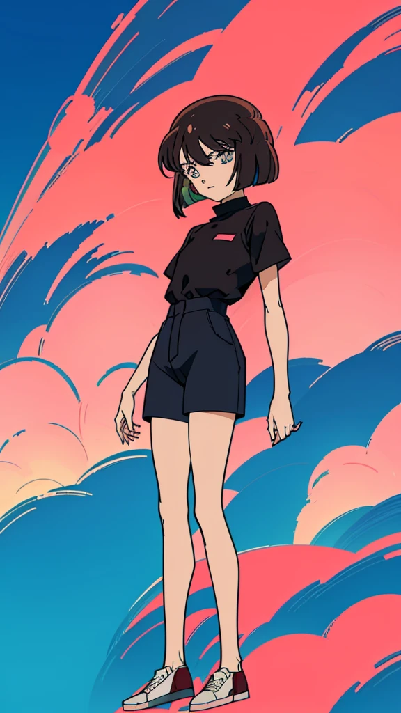 anime style, (1girl in, Solo:1.0), (Haibara Ai), ((Short pants)), (((Big eyes))), (Cute anime girl head), (flat chest),looking at viewer,With a height of 100cm, shoot from front, (head shot), Simple lineinimalism,Abstract Art,City background