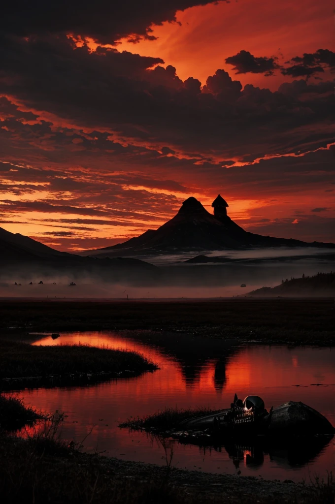 Dark, red, fantasy, eyes, scary, scenery, red clouds, red sky, dead bodies, bloody water, black smokes, skulls