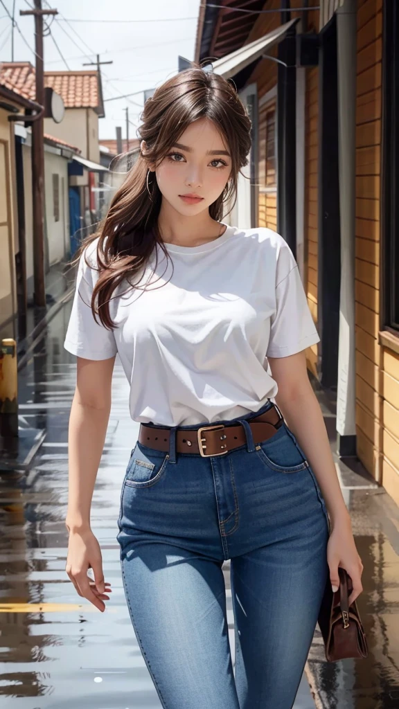Mariam, Highest quality,(beauty), One Girl,Physically Based Rendering ,Ultra-high resolution,(Cowboy Shot:1.5),Tight waist, skinny, Leona MS , Big Blue Eyes,Long legs,（Jeans Super Mini Short High Leg Pants）,Leather Belt,,Medium milk beautiful milk、,Puffy eyes, Leather Belt,(Rainy Town), Shiny skin, Face-to-face viewer, I&#39;m looking forward to fighting you、（Holding a silver metallic M92 Beretta pistol）、Protruding nipples、((Sexy Leather Top Sleeveless))、（Sexy thighs、Sharp, large eyes、A neat and refreshing smile）