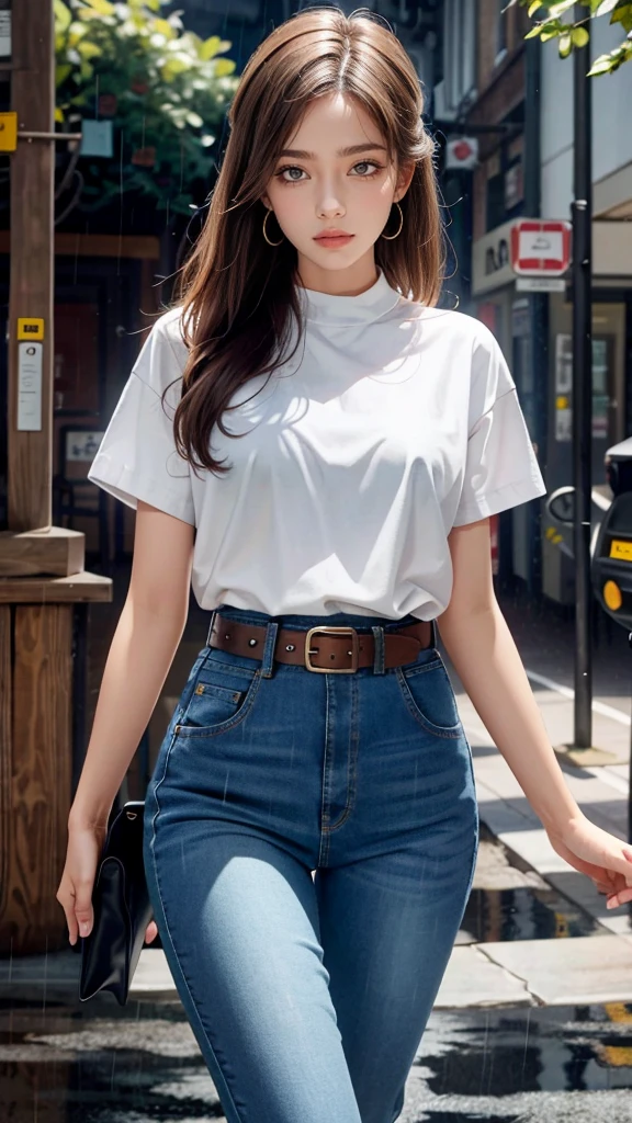 Mariam, Highest quality,(beauty), One Girl,Physically Based Rendering ,Ultra-high resolution,(Cowboy Shot:1.5),Tight waist, skinny, Leona MS , Big Blue Eyes,Long legs,(Jeans Super Mini Short High Leg Pants),Leather Belt,,Medium milk beautiful milk、,Puffy eyes, Leather Belt,(Rainy Town), Shiny skin, Face-to-face viewer, I'm looking forward to fighting you、(Holding a silver metallic M92 Beretta pistol)、Protruding nipples、((Sexy Leather Top Sleeveless))、(Sexy thighs、Sharp, large eyes、A neat and refreshing smile)