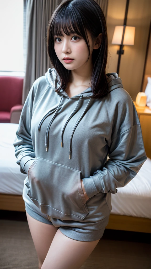 masterpiece, best quality, illustration, Super detailed, fine details, High resolution, 8K,wall paper, perfect dynamic composition,(Details High quality, realistic depiction of eyes:1.3), (Oversized Light Gray Hoodie:1.2), Erotic Shorts, big breasts, short bob hair、black hair color, Big Natural Color Lip, bold sexy pose, (perfect body shape), crying a little、Harajuku style、20 year old girl、cute type、lolita、beautiful legs, hotel room, gravure idol