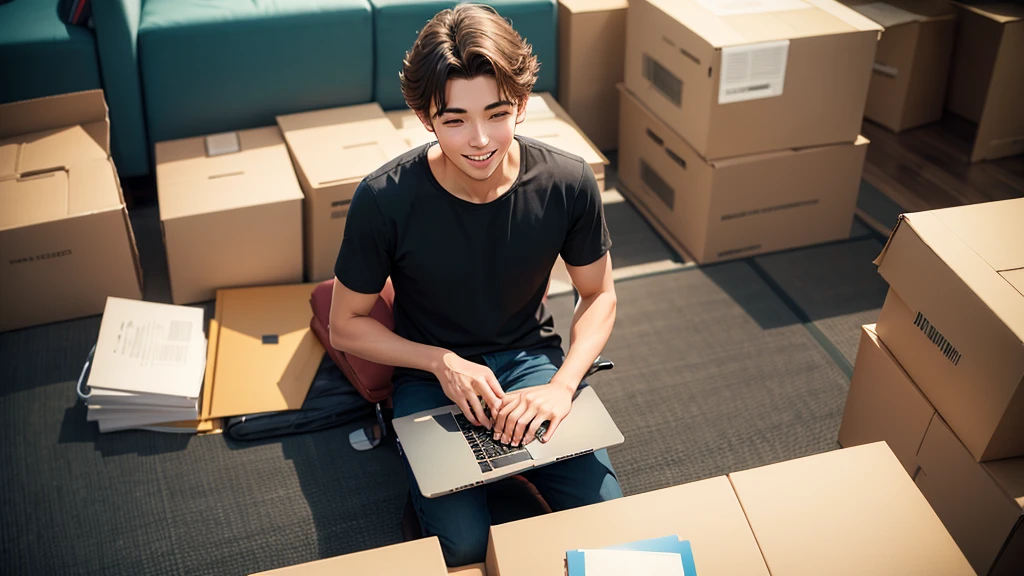 A happy, full-length young man sitting on unpacking a new laptop