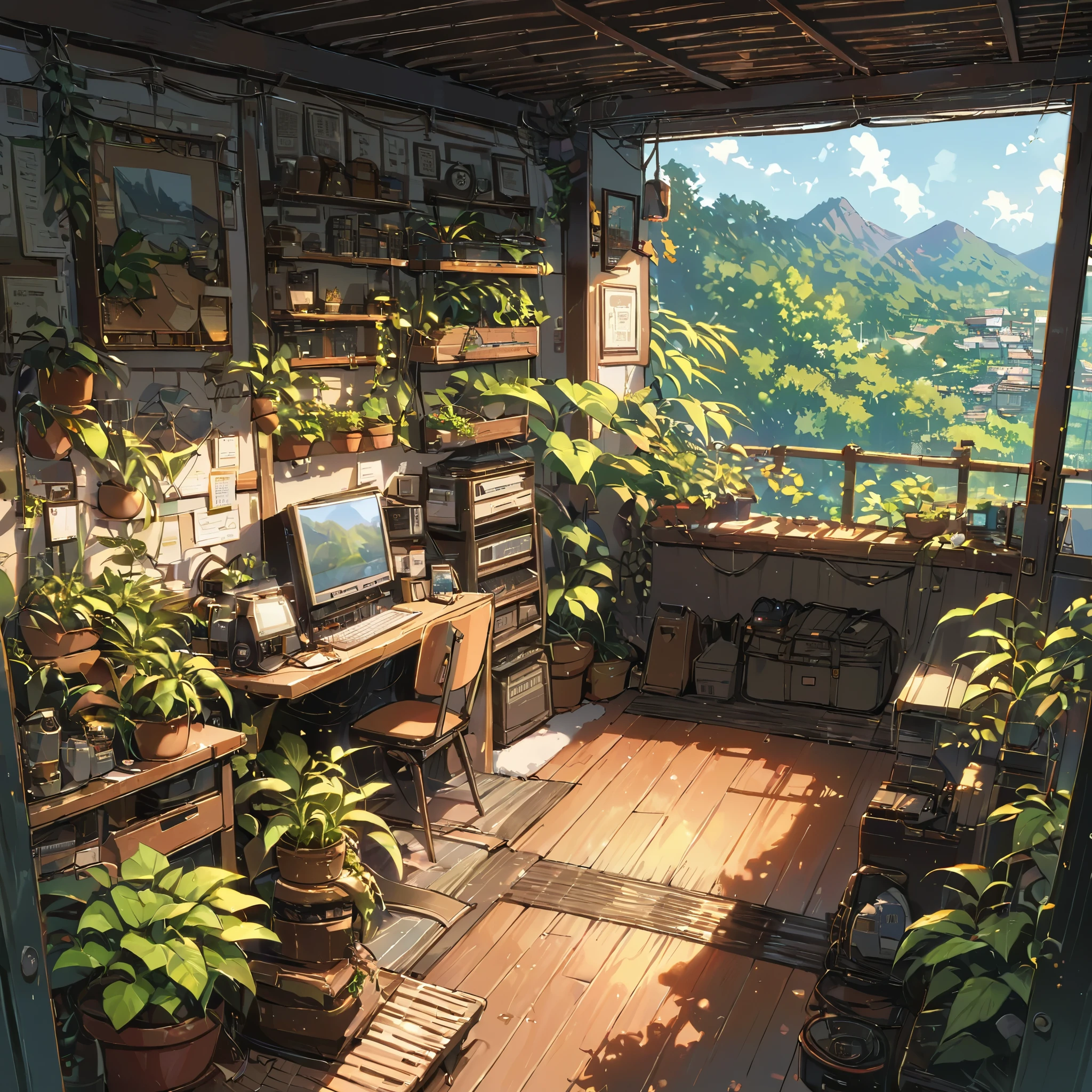  (((distance view, wide shot, long shot))), ((anime:1.4,illustration)),(masterpiece, top quality, best quality),(ultra-detailed, absolutely resolution),((16k, high res)), (((cozy lofi veranda with plants,))), ((cosy lofi illustration:1.4)), ((anime:1.4, illustration)),(masterpiece, top quality, best quality),(ultra-detailed, absolutely resolution),((16k, high res)) BREAK {lofi art, style of Laurie Greasley, style of Makoto Shinkai, anime aesthetic}, BREAK { (produces images with information than 40 million pixels with cinematic-like detailed textures shot on a Sony SLR).},