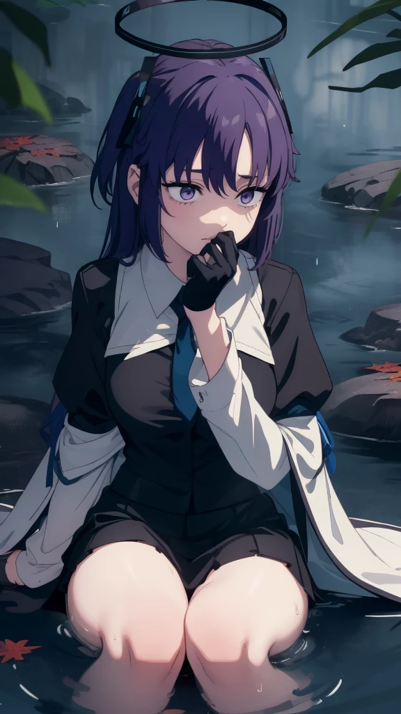 1girl, sad, sitting, (umbra-mask), (shadow-self), (dark-aura), (low-resoul-mist), (dark-lotus), ((fountain:0.9)), (water), (water-falling-down), (falling-leaves:0.8)), (small-tree:0.6), (small-fence:0.5), (forest-floor), (misty-background), (mysterious-mood), (low-light), (low-angle-shot), (posing:1.1), (slightly-looking-away), (hand-on-umbra-mask), (fingernails-long), (umbra-symbol-on-forearm), (symbol-of-earth-element), (elegant-attire), (dark-clothing), (shadow-dance-mood), (high-contrast), (vibrant-colors), (water-reflection)