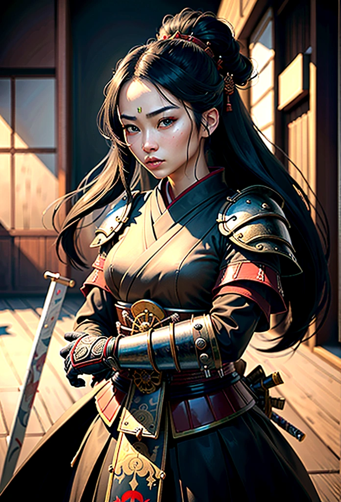 a picture of Japanese female samurai, she has long black hair, wearing samurai armor, armed with a katana, ready for battle, dynamic angle,, Japanese fantasy art, (Masterpiece: 1.5), 16k, highres, best quality, high details, ultra detailed, masterpiece, best quality, (extremely detailed), arafed, dnd art, JapaneseKatana, wtrcolor style