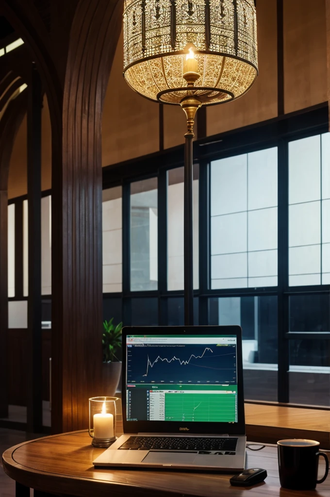 Generate an outine of a mosque using stock market trading candle stick trend graph on the screen of a laptop place on an office table