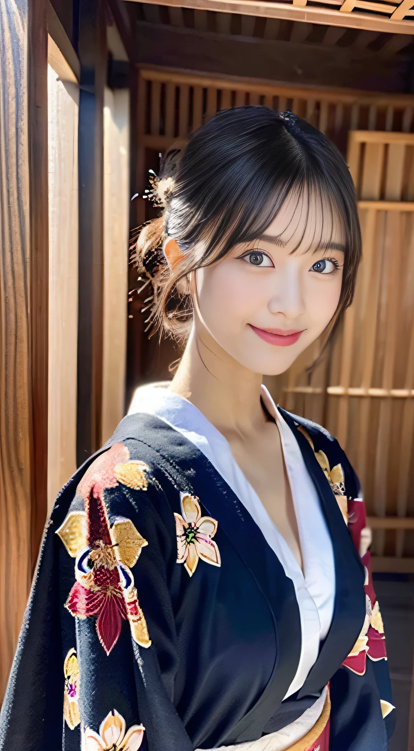 (((32ｋ,High detail,High definition、masterpiece,Attention to detail,Esbian all over,solo))),RAW Photos & Realistic atmosphere,Beautiful dark blue eyes,Mouth details,Glossy Lips,Fine eyebrows,With soft white skin that shines in every detail、Detailed eyes、Very beautiful eyes with blue pupils,Detailed lips、Very beautiful face,Very well-formed face、A vivid face,Beautiful, shining lips,Beautiful Eyebrows,Infinite Reality, Realistic Like Gravure Idol,Very cute school girl, , A sexy gravure idol who is likeable, Like Gravure Idol, Very beautiful and cute１7 year old edgy beautiful girl,Blushing,Incredibly beautiful and elegant１7 year old beautiful girl,Natural soft light,（Black shiny hair,,barefoot,Samurai kimono and black hakama,Beautiful gentle eyes：1.5）,（like々Shi,Bad wear,Exposed thighs,Thighs sticking out from the hakama,A kind smile,Shapely breasts,,Immature body,Japan samurai kimono,Japanese style very short hair,Hang your hair high and tie it up,Beautiful posture,Backward view,Turn around,No makeup,woman samurai,Female Swordsman,Clothes like Shinsengumi,Looking into the distance,Japanese patterned haori,Japanese style hair ornaments,Cleavage,No bra,Blue too,Samurai kimono with Japanese patterns：1.6）