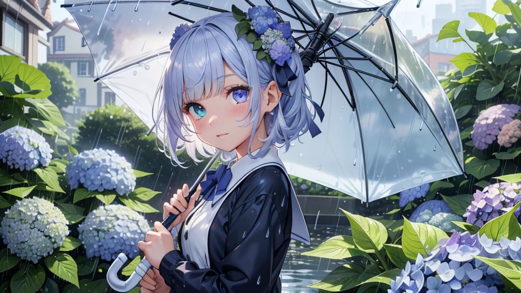 Best quality、Photorealistic、Ultra-detailed、delicate、Orderly、High Detail、Bluish Silver Short Bob、(Drooping heterochromia iris,glowing eyes:1.4)、slender、(One girl:1.2)、(Girl buried in hydrangeas、umbrella、rain、wet、Dynamic Angle、Dutch Angle、school uniform:1.3)、Ambient Occlusion、Ambient Light、Ray-traced Reflections、Glow、Shiny Hair、
