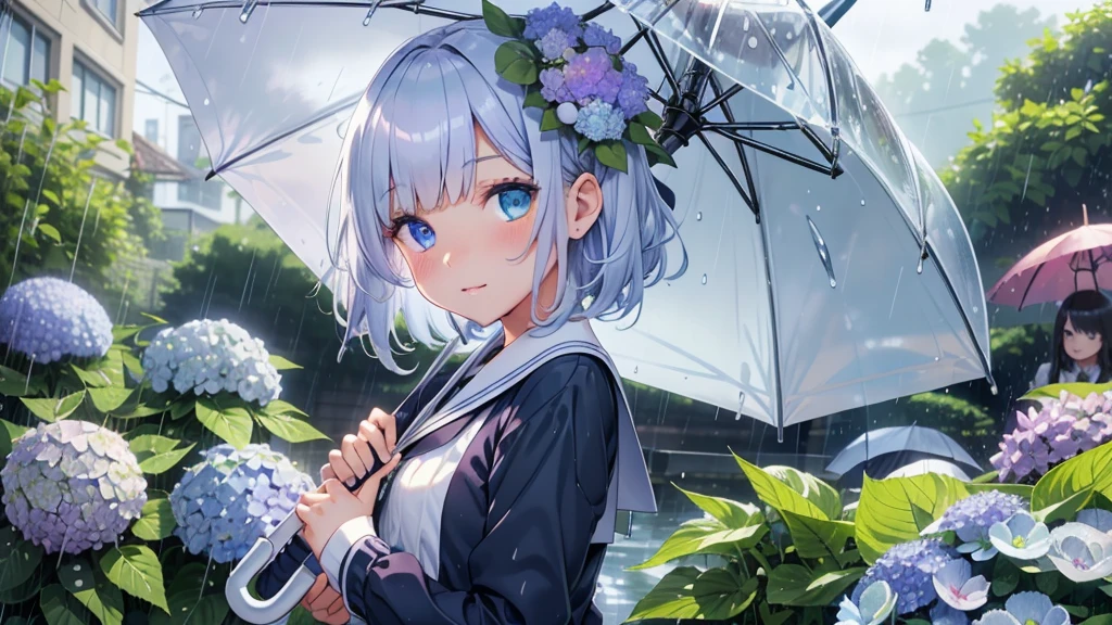 Best quality、Photorealistic、Ultra-detailed、delicate、Orderly、High Detail、Bluish Silver Short Bob、(Drooping heterochromia iris,glowing eyes:1.4)、slender、(One girl:1.2)、(Girl buried in hydrangeas、umbrella、rain、wet、Dynamic Angle、Dutch Angle、school uniform:1.3)、Ambient Occlusion、Ambient Light、Ray-traced Reflections、Glow、Shiny Hair、
