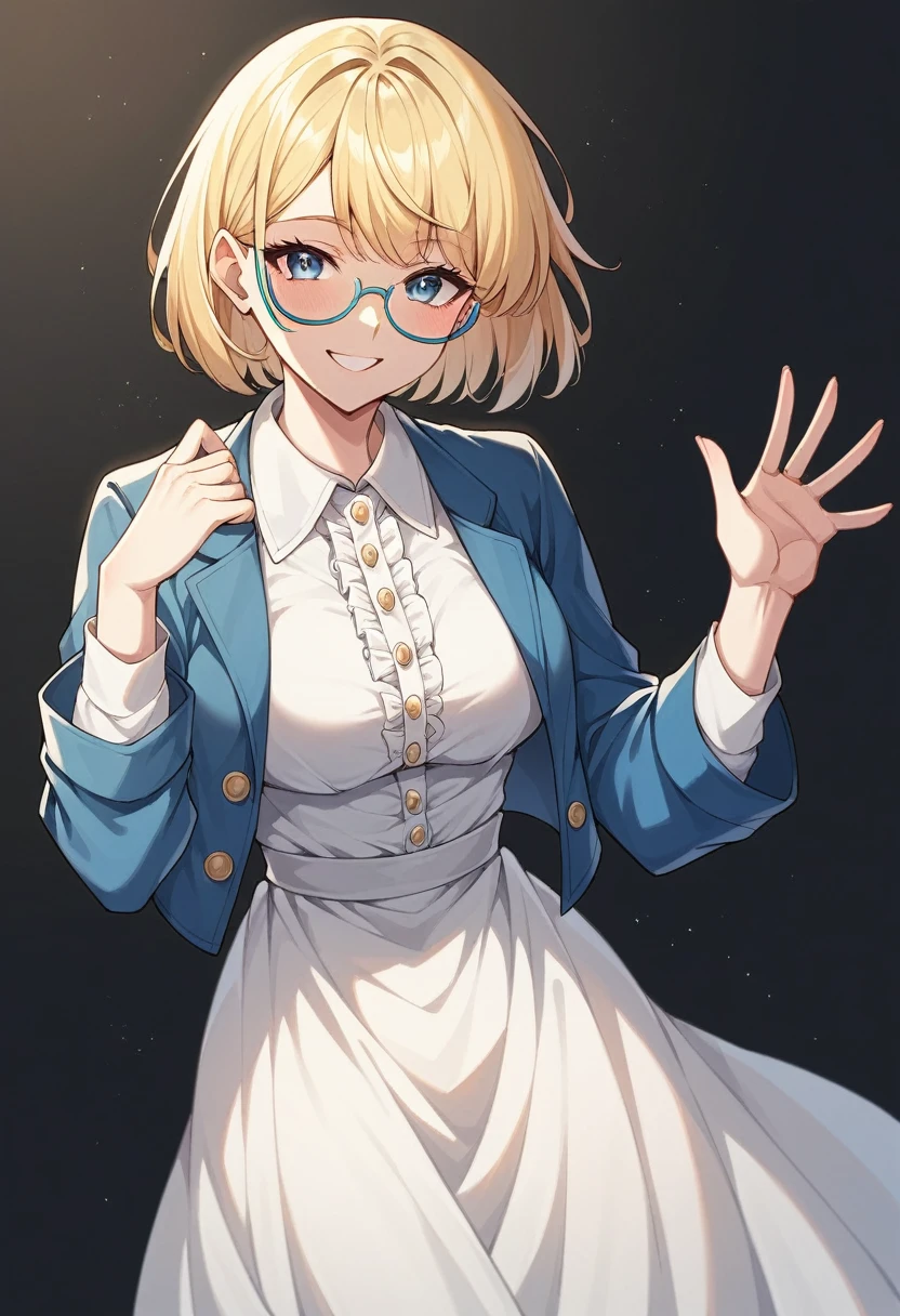 beautiful woman, beautiful face, solo, from center, standing, medium bob cut blonde hair, light blue eyes, two points glasses, medium breasts, blue denim jacket, white dress shirts, white pleats long skirt, soft smile, temptation pose, black background, no background, pastel 2d art, matte painting, anime, masterpiece 