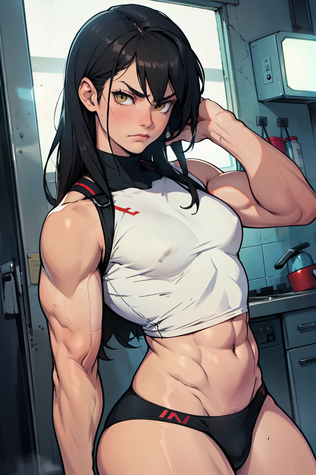 muscular girl small breasts thick thick thick thick thick black hair yellow eyes pale skin expressionless sad frown arafe