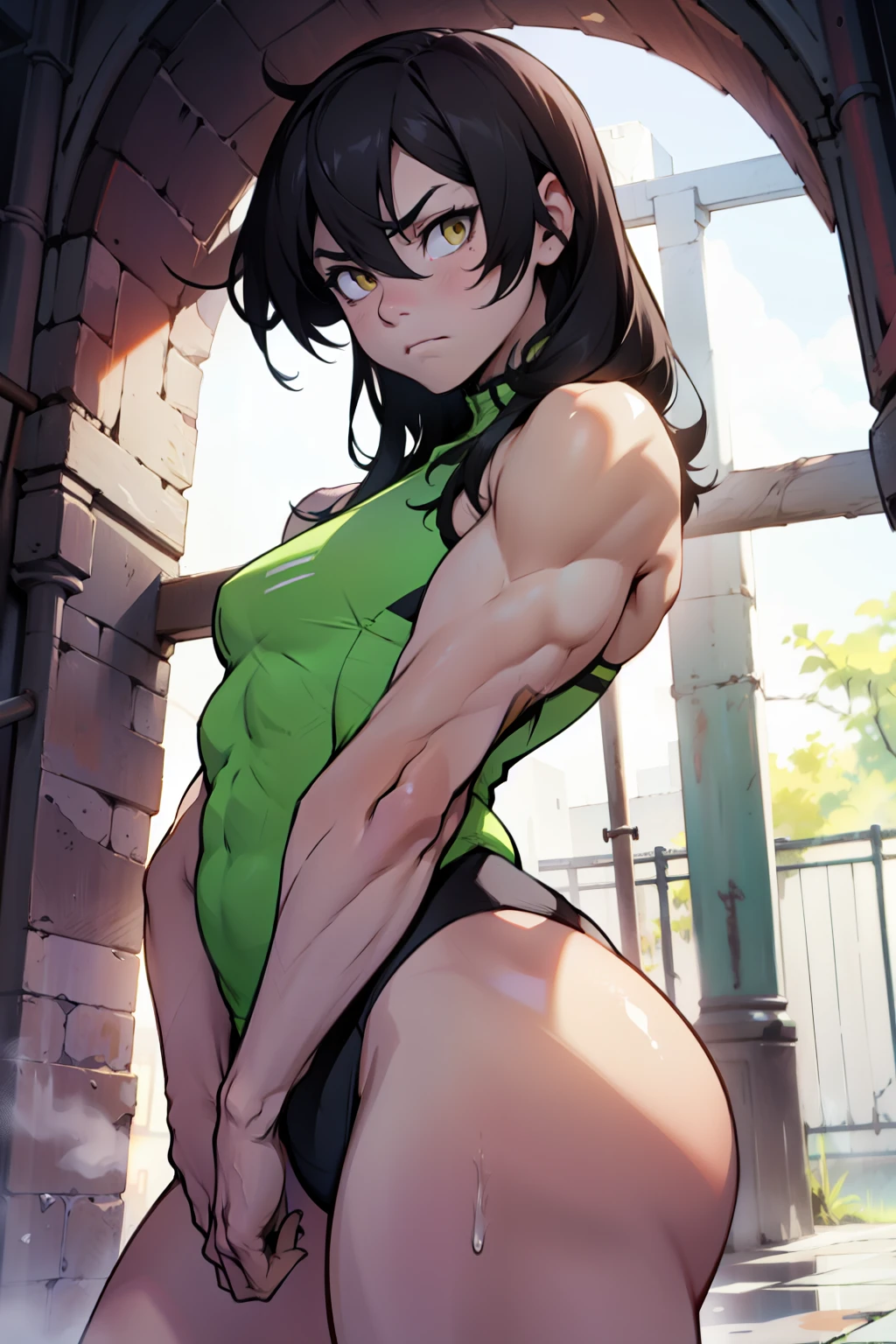 muscular girl small breasts thick thick thick thick thick black hair yellow eyes pale skin expressionless sad frown arafe