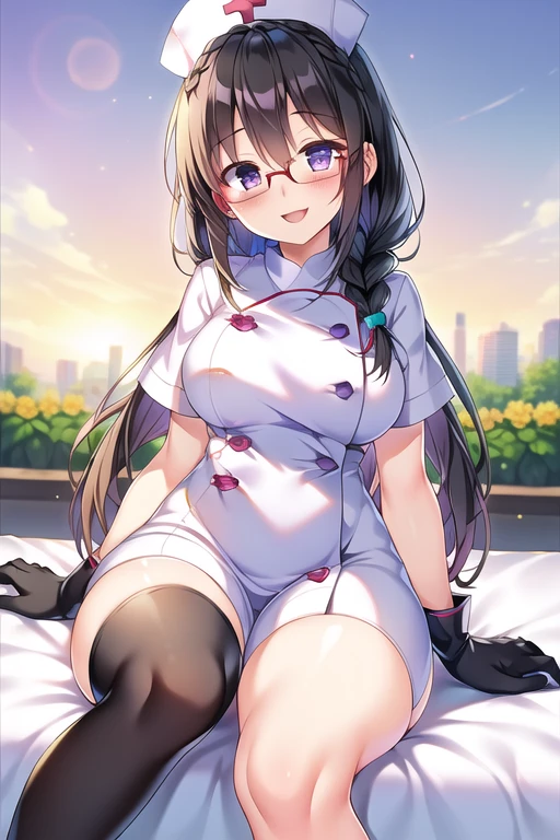 masterpiece, One girl, (Black Hair), (Braiding), (Purple eyes), (Glasses), (nurse), (gloves), (Knee socks), (View your viewers:1.1), smile, (:d), (Exquisite iris detail), (blush)