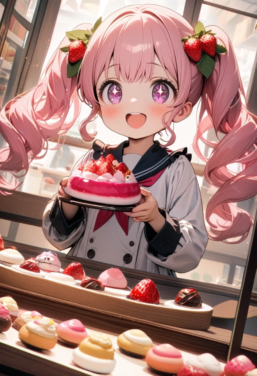 (8K, best quality, master piece: 1.2), super high resolution,1girl,8yo,ultra-detailed face, detailed eyes,sparkling eyes,very long twintails,pink hair,curly hair,strawberry decoration hair accessories,pink eyes, small girl of small stature,cute,strawberry decoration pink ロリータファッション,(holding a Strawberry topping Daifuku mochi),happy,open mouth,Dutch Angle,Rim Light,There is a table in front of her,There is a display window with a selection of Japanese sweets.,Inside the café