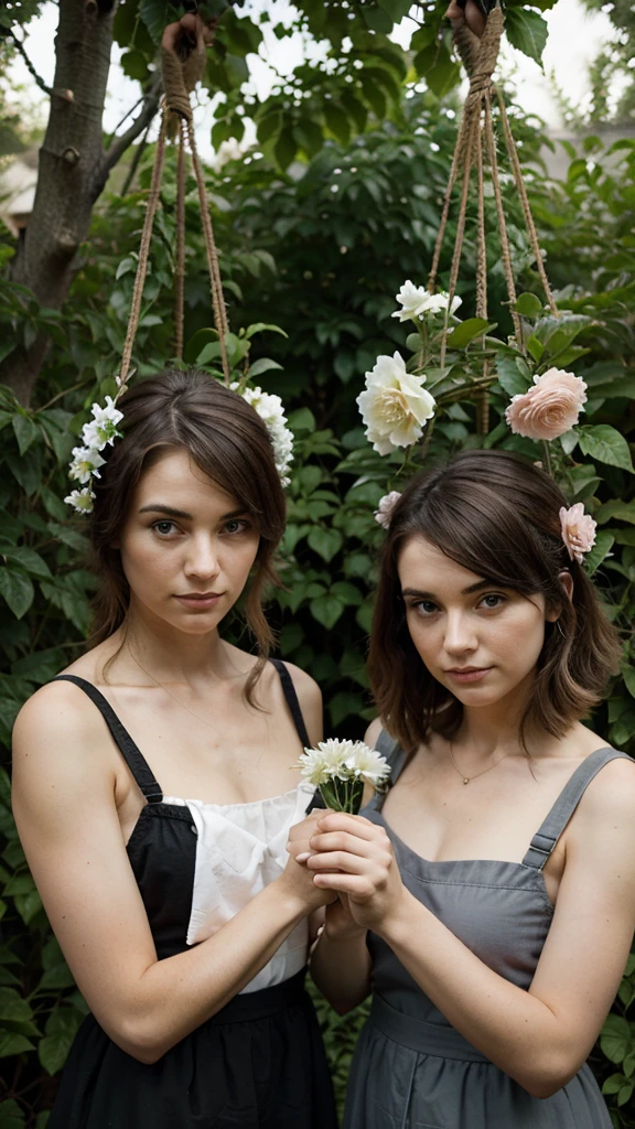 two different hands , holding 2 flowers, in a garden , creepers hanging beautifully ,