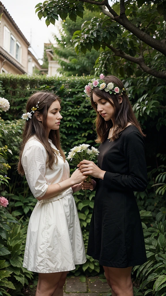 two different hands , holding 2 flowers, in a garden , creepers hanging beautifully ,