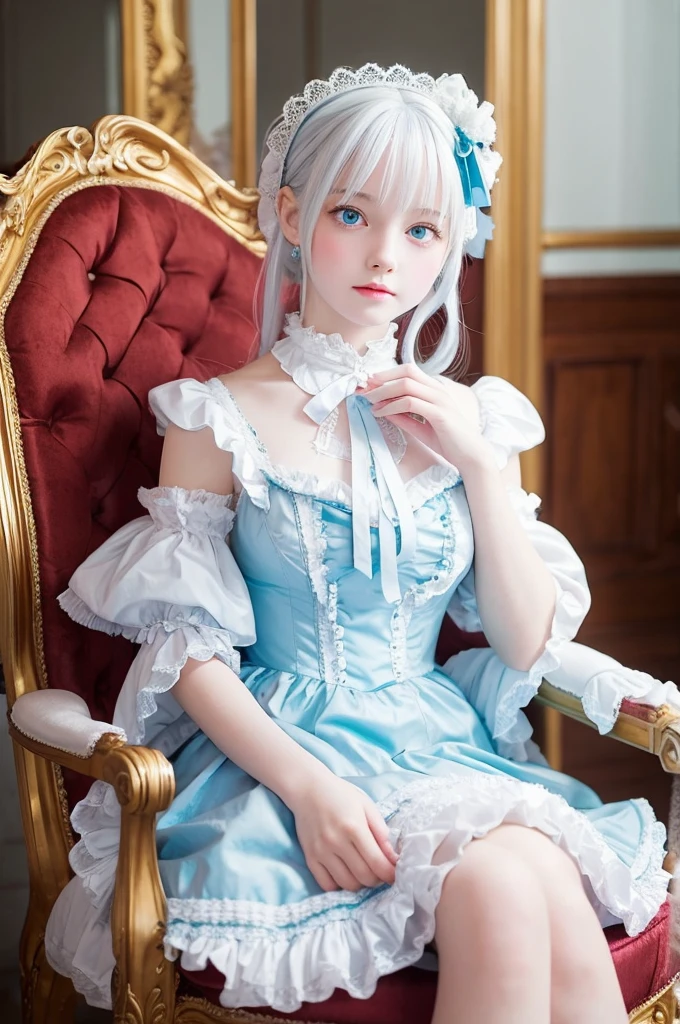 A cute -yeld giwith white hair, blue eyes and medium length hair、Wearing white lolita fashion、She is seen sitting in a chair in a Rococo-style room with a mature look on her face.、Anime style please