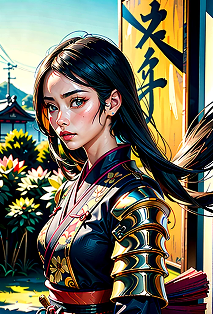 a picture of Japanese female samurai, she has long black hair, wearing samurai armor, armed with a katana, ready for battle, dynamic angle,, Japanese fantasy art, (Masterpiece: 1.5), 16k, highres, best quality, high details, ultra detailed, masterpiece, best quality, (extremely detailed), arafed, dnd art, JapaneseKatana, wtrcolor style