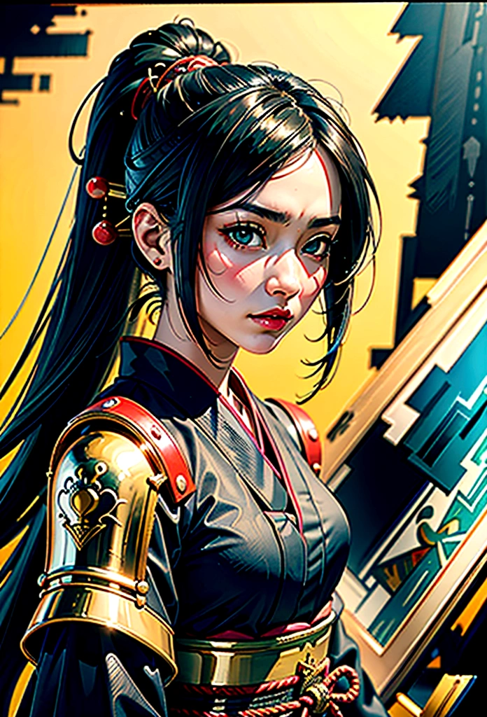 a picture of Japanese female samurai, she has long black hair, wearing samurai armor, armed with a katana, ready for battle, dynamic angle,, Japanese fantasy art, (Masterpiece: 1.5), 16k, highres, best quality, high details, ultra detailed, masterpiece, best quality, (extremely detailed), arafed, dnd art, JapaneseKatana, wtrcolor style