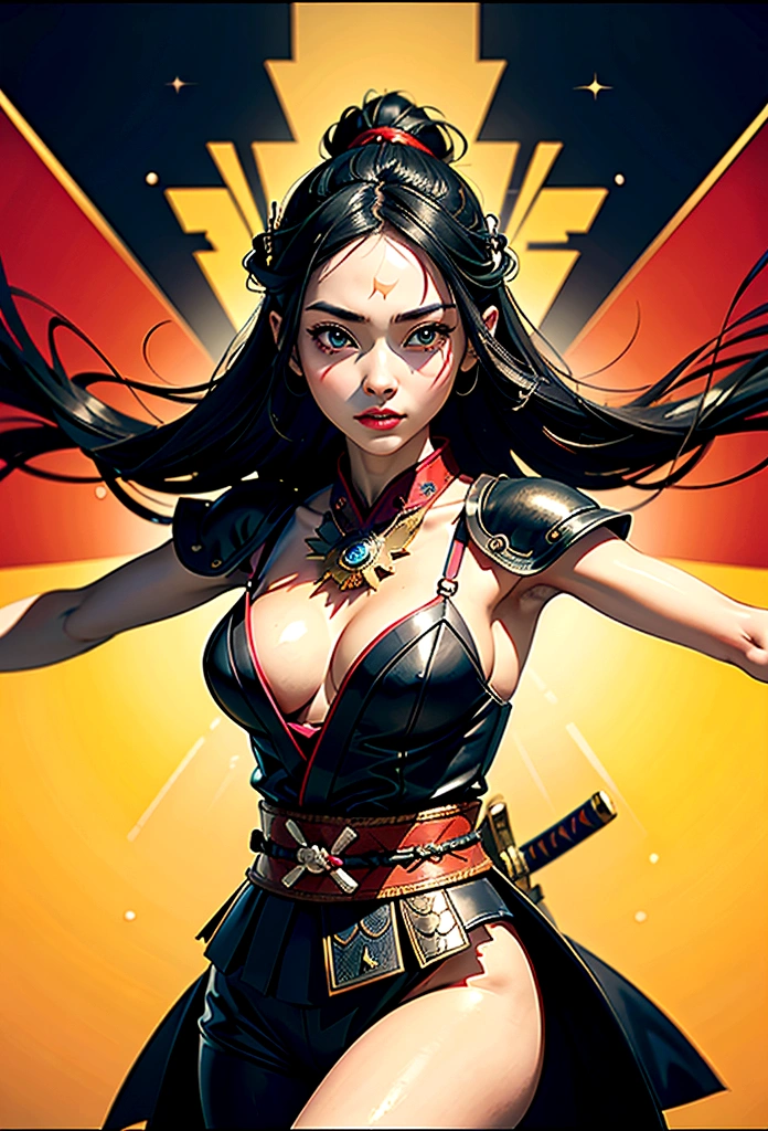 a picture of Japanese female samurai, she has long black hair, wearing samurai armor, armed with a katana, ready for battle, dynamic angle,, Japanese fantasy art, (Masterpiece: 1.5), 16k, highres, best quality, high details, ultra detailed, masterpiece, best quality, (extremely detailed), arafed, dnd art, JapaneseKatana, wtrcolor style