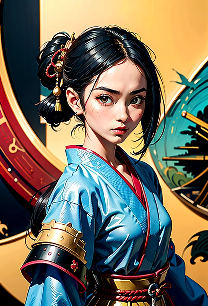 a picture of Japanese female samurai, she has long black hair, wearing samurai armor, armed with a katana, ready for battle, dynamic angle,, Japanese fantasy art, (Masterpiece: 1.5), 16k, highres, best quality, high details, ultra detailed, masterpiece, best quality, (extremely detailed), arafed, dnd art, JapaneseKatana, wtrcolor style