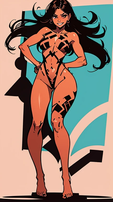 naked girl drawing poses, full body, feat, brunet hair, fit, 18, smiling, shy, embarrassed, seductive pose, sexy pose, red and black body paint, treble body paint, treble girl
