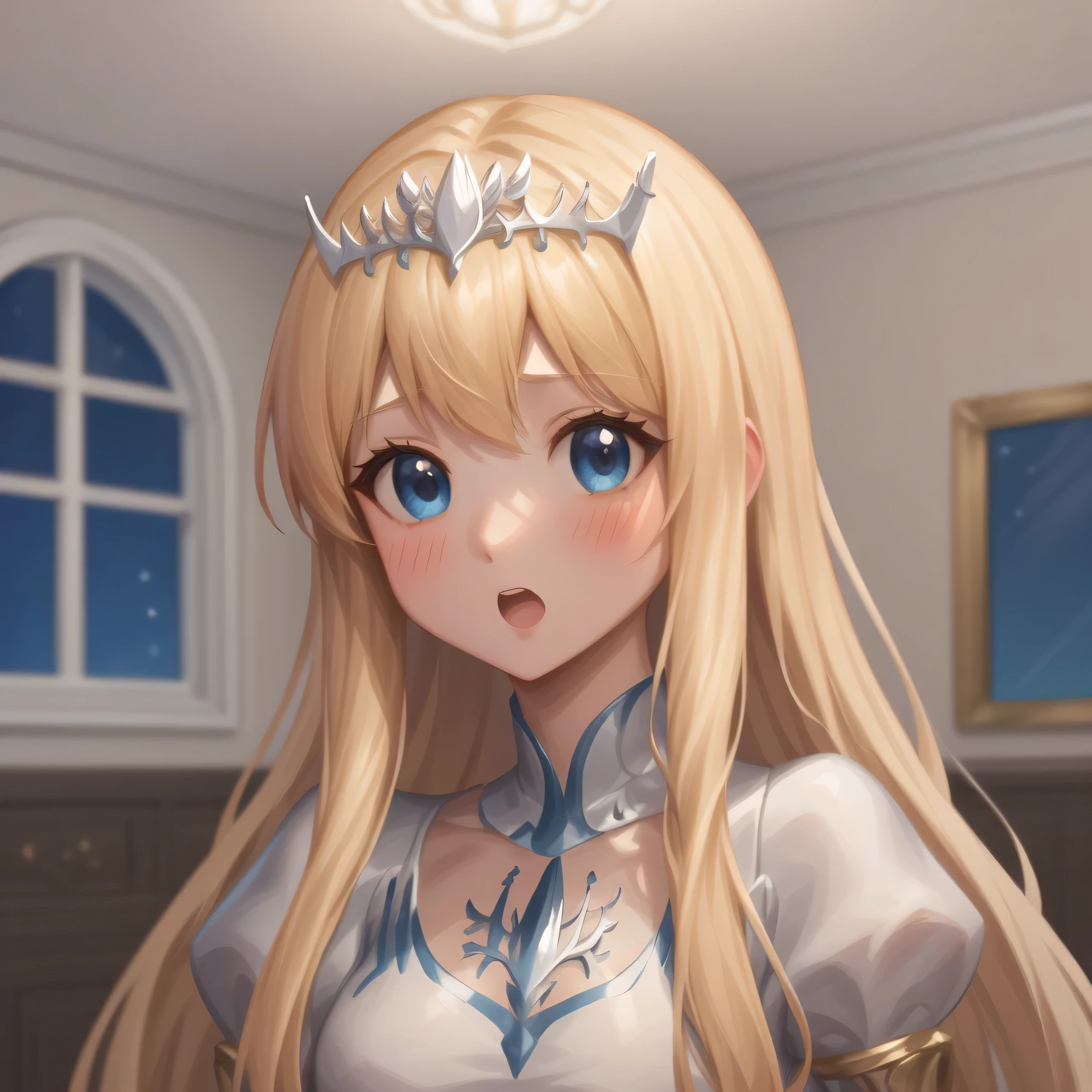 score_9,score_8_climb,score_7_climb,1 girl, :good, , Blush, , face_viewer, open_mouth, Portrait, ,, alone, 1girl, solo, Calca, Calca Bessarez, blonde hair, extremely long hair, (very long hair:1.3), white tiara, , white dress, blue eyes, medium chest, ((Masterpiece,Highest quality)), Extremely detailed, shine, shine, Ray tracing, (perfect face, detailed face, good eyes, perfect hand), HD, Super cute face, Ray tracing, perfect light, Highest quality, Extremely detailed, hand behind her back, indoor, in the luxurious room , night time