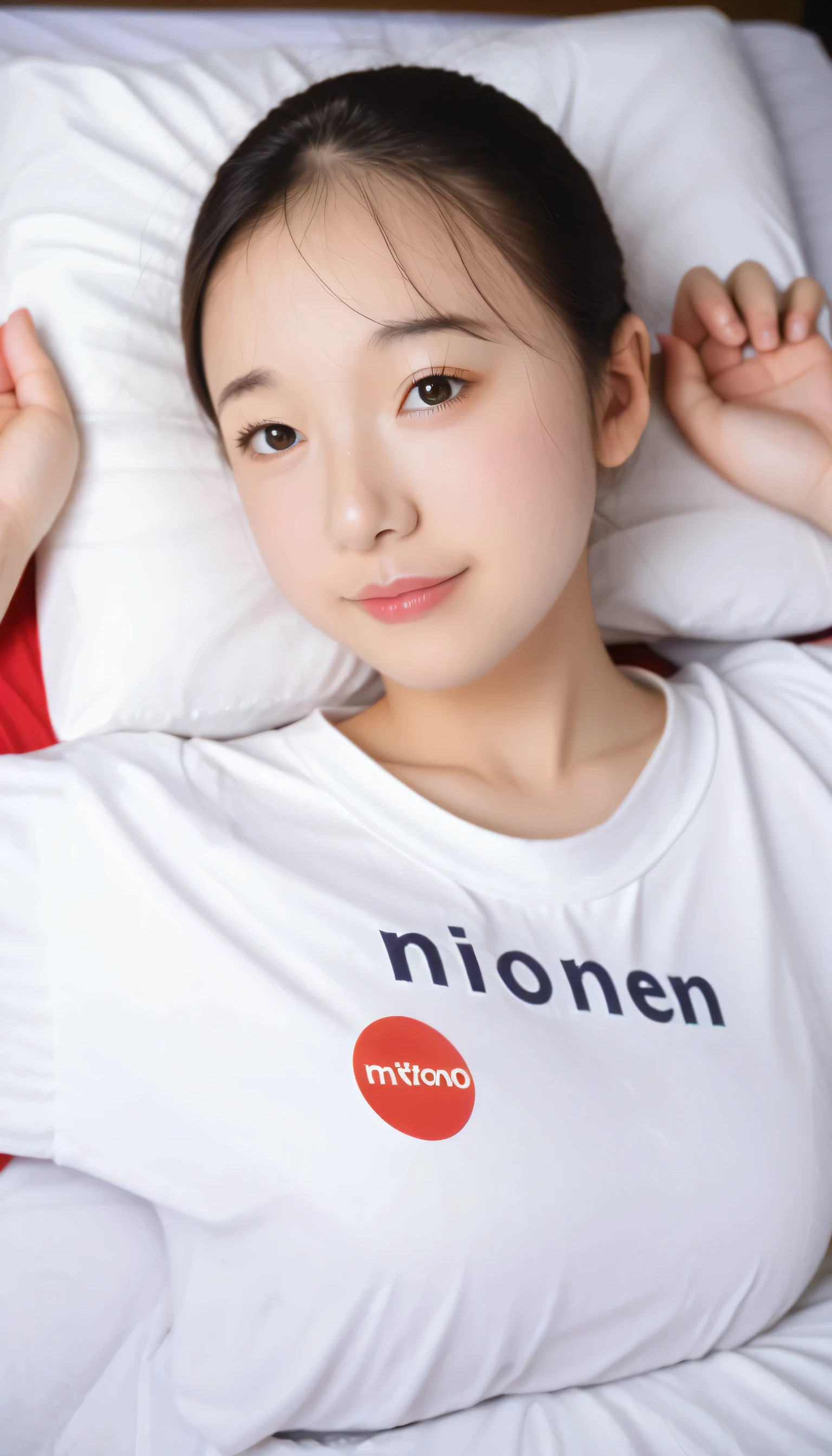 Nikon RAW photos, Eight thousand, Fuji XT3, masterpiece, shirtPink Quality, Practical, photoPractical, (Lying on the sheets), (Lying on the pillow), (giggle: 1.1), best quality, (Detailed facial features), (eyelash: 1.1), (Depth of Field: 1.1), (Chromatic Aberration: 1.1), (Caustic lines: 1.1) goddess