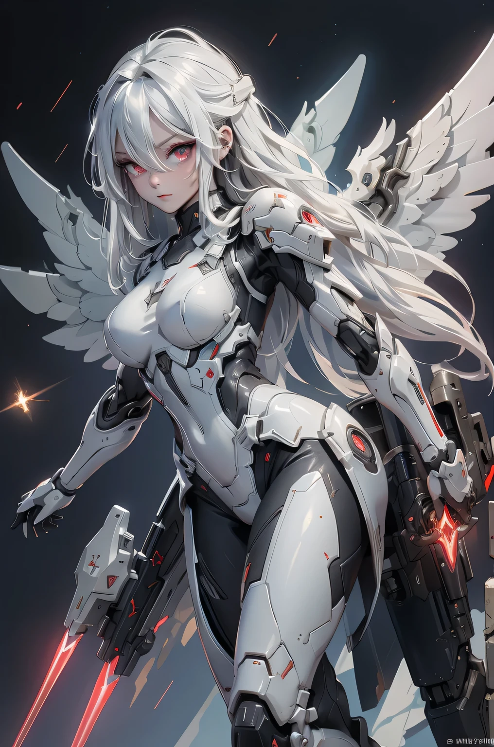 ((Cyberpunk women images))，raise one's arms high:1.4、armpits,,(masterpiece:1.4, Highest quality, Dutch Angle)(One Girl, alone)（Gray hair that changes with light、Smooth and straight hair、WHITE hair fluttering in the wind）、（beautiful, Glowing Skin、Cheek Gloss Highlighter、Sexy and very beautiful and adorable face、The most beautiful face in the world、big, Glowing red eyes）、（Cute 25 year old girl, large breasts、Tight waist、Delicate shoulders、Perfect figure）（Overall dark、A ruined futuristic city、The world at the end of the century、Traces of war、cave、Remains）(Futuristic combat suit、White combat armor、Highly decorated combat uniform、Mechanical Wings、Wing-shaped weapon)（Full body image）
