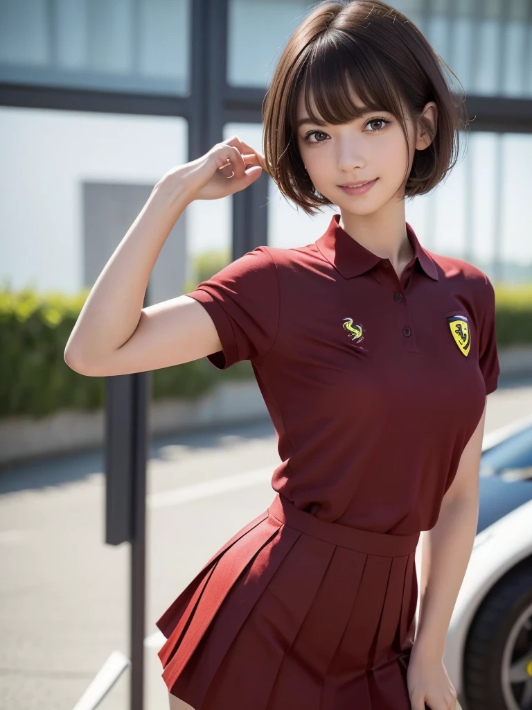 (8k, RAW Photos, Highest quality, masterpiece:1.2), (Realistic, photo-Realistic:1.4), (Highly detailed 8K wallpapers), ((Full Body Shot)), (1 girl), Sharp focus, Depth of written boundary, Cinematic lighting, Soft Light, 緻密な美しさのeye, eye_Chan, Very beautiful 17 year old girl, innocent big eyes, Realistic, photo Realistic, Highly detailed cute girl, (Thin thighs), (Model Body Type), 18-year-old, (((Red F1 Scuderia Ferrari polo shirt))), ((Micro Mini Pleated Skirt)), (((Fold your arms in front of your chest and act arrogantly))), ((A happy smile)), Parted lips, Watching the audience, (At the Imola Circuit) , (Brown Hair),（Short Bob Hair), (Asymmetrical bangs)
