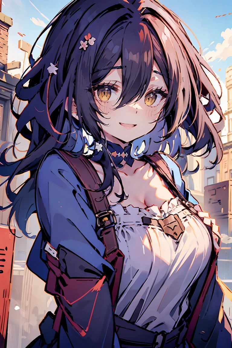 (masterpiece:1.2), (high quality:1.2), (hui xiyi:0.7), rekkyo sensen, rekkyou sensen, girls with((black hair, (swept bangs:1.2), tits cleavage, (waving is hands:1.2), breasts close up, (suspenders:1.2), (dress:1.1), (blue clothes:1.2), (belts:0.7), frills shirt, (white knit sweater:0.8), camisole, exposed breasts, straps, (hair clips:1.1), upper body, (long wavy hair:1.2), (one side up:1.2), nun, long sleeves, perfect hands, (five fingers:1.2))), background with(((fantasy world:1.1), ruin, (castle:1.2), beautiful sky, shining sky, sunshine))