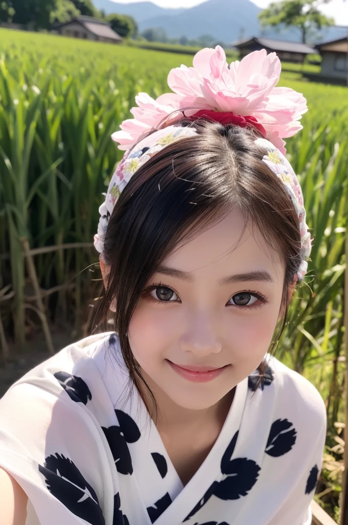(1 Girl )、(Beautiful Japanese、18years old,round face、Refreshing、clear、seems kind、stylish、Pitiful、cute like an angel、cute、black eyes、,actress,Almond-shaped eyes,Translucent white skin、Beautiful skin), Good style ,(very cute),(Hair tied up,(Black hair),(enchanting eyes),(highlight on eyes:1.2)、(8K、Live shooting、highest quality、masterpiece:1.2、optimal lighting)、((masterpiece)),(Photo taken by a professional photographer),(real、photo real:1.4),break,{ (traditional Japanese Yukata),((pink pattern))},(cheeks are red:1.3), break, break,Face shot:1.3、 face close-up,Looking at viewer、(Cleavage:0.5)、From above,happy smile face:1.4,,Japan rice fields,night,Fireflies are shining、Japanese countryside