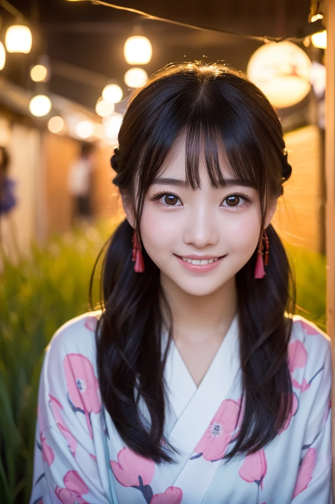 (1 Girl )、(Beautiful Japanese、18years old,round face、Refreshing、clear、seems kind、stylish、Pitiful、cute like an angel、cute、black eyes、,actress,Almond-shaped eyes,Translucent white skin、Beautiful skin), Good style ,(very cute),(Hair tied up,(Black hair),(enchanting eyes),(highlight on eyes:1.2)、(8K、Live shooting、highest quality、masterpiece:1.2、optimal lighting)、((masterpiece)),(Photo taken by a professional photographer),(real、photo real:1.4),break,{ (traditional Japanese Yukata),((pink pattern))},(cheeks are red:1.3), break, break,Face shot:1.3、 face close-up,Looking at viewer、(Cleavage:0.5)、From above,happy smile face:1.4,,Japan rice fields,night,Fireflies are shining、Japanese countryside