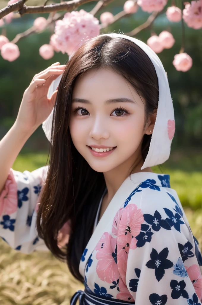 (1 Girl )、(Beautiful Japanese、18years old,round face、Refreshing、clear、seems kind、stylish、Pitiful、cute like an angel、cute、black eyes、,actress,Almond-shaped eyes,Translucent white skin、Beautiful skin), Good style ,(very cute),(Hair tied up,(Black hair),(enchanting eyes),(highlight on eyes:1.2)、(8K、Live shooting、highest quality、masterpiece:1.2、optimal lighting)、((masterpiece)),(Photo taken by a professional photographer),(real、photo real:1.4),break,{ (traditional Japanese Yukata),((pink pattern))},(cheeks are red:1.3), break, break,Face shot:1.3、 face close-up,Looking at viewer、(Cleavage:0.5)、From above,happy smile face:1.4,,Japan rice fields,night,Fireflies are shining、Japanese countryside