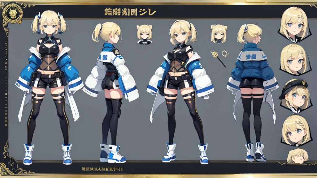 police girl blonde hair blue eye,character design sheet, character turnaround, character in different poses